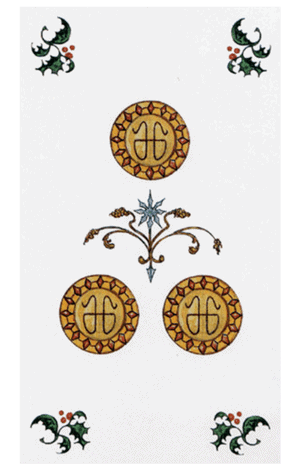 El Tres de Oros Arcano Menor según el diseño del Tarot Ambre