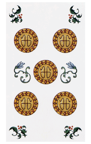 El Cinco de Oros Arcano Menor según el diseño del Tarot Ambre