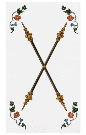 : El Dos de Bastos o Varas Arcano Menor según el diseño del Tarot Ambre