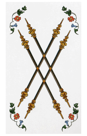 El Cuatro de Bastos o Varas Arcano Menor según el diseño del Tarot Ambre