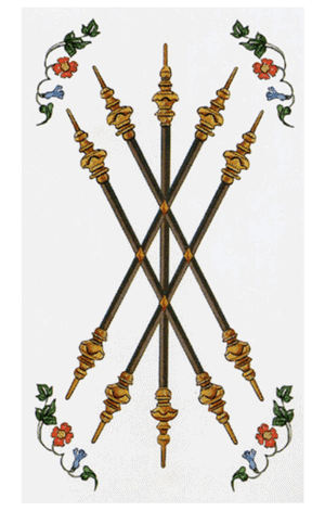 El Cinco de Bastos o Varas Arcano Menor según el diseño del Tarot Ambre