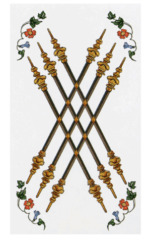 El Seis de Bastos o Varas Arcano Menor según el diseño del Tarot Ambre